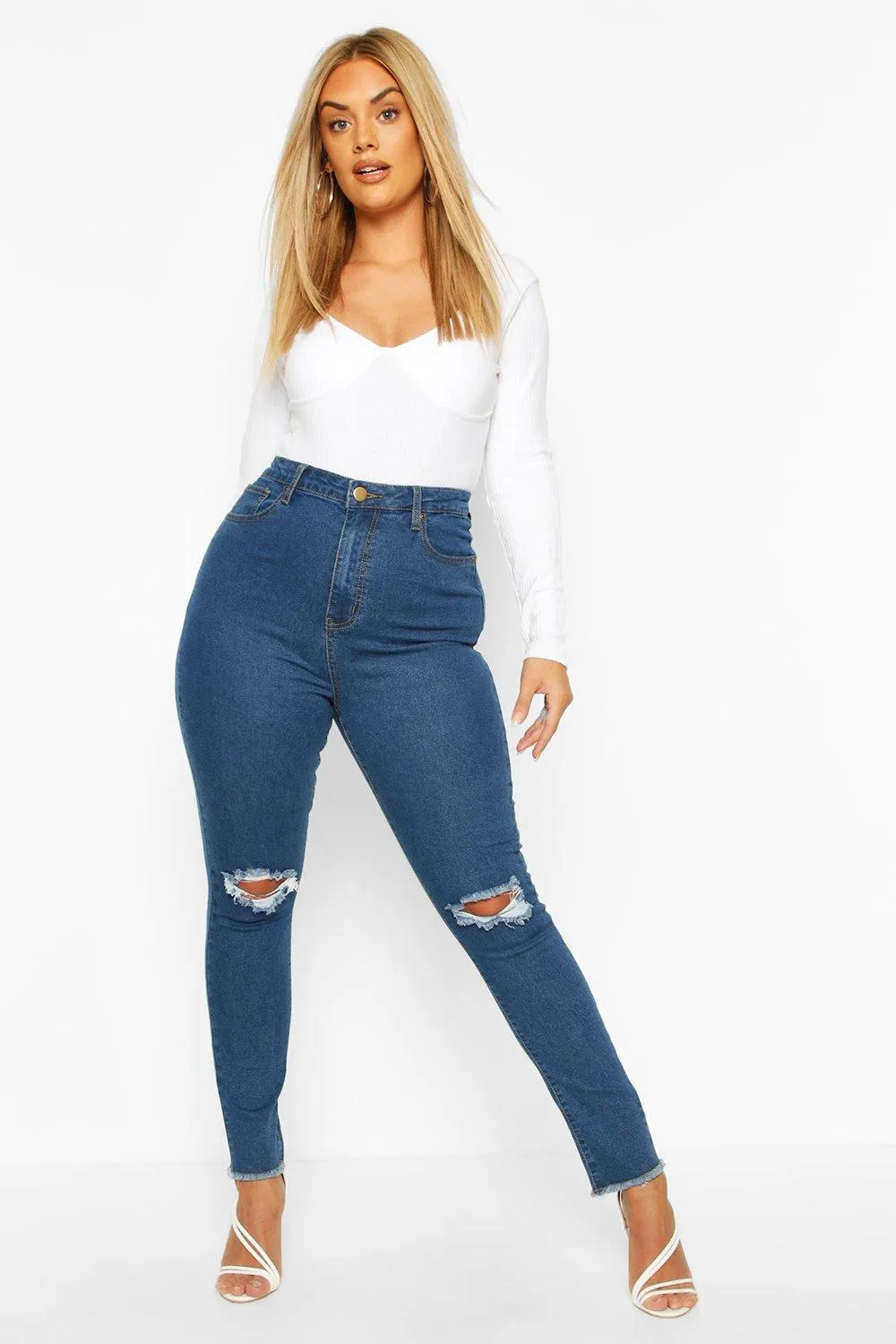 Plus Denim Rip Knee & Frayed Hem Skinny Jeans