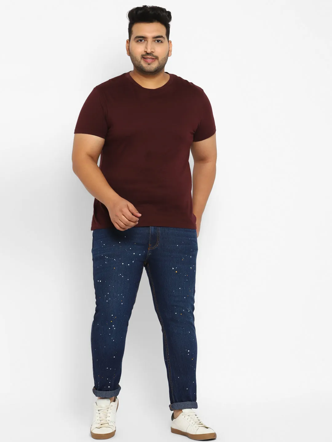 Plus Men's Blue Regular Fit Washed Printed Jeans Stretchable