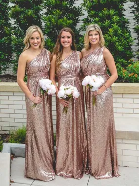 Rose Gold Sparkly Sequins Lace One Shoulder Bridesmaid Dresses, BG164