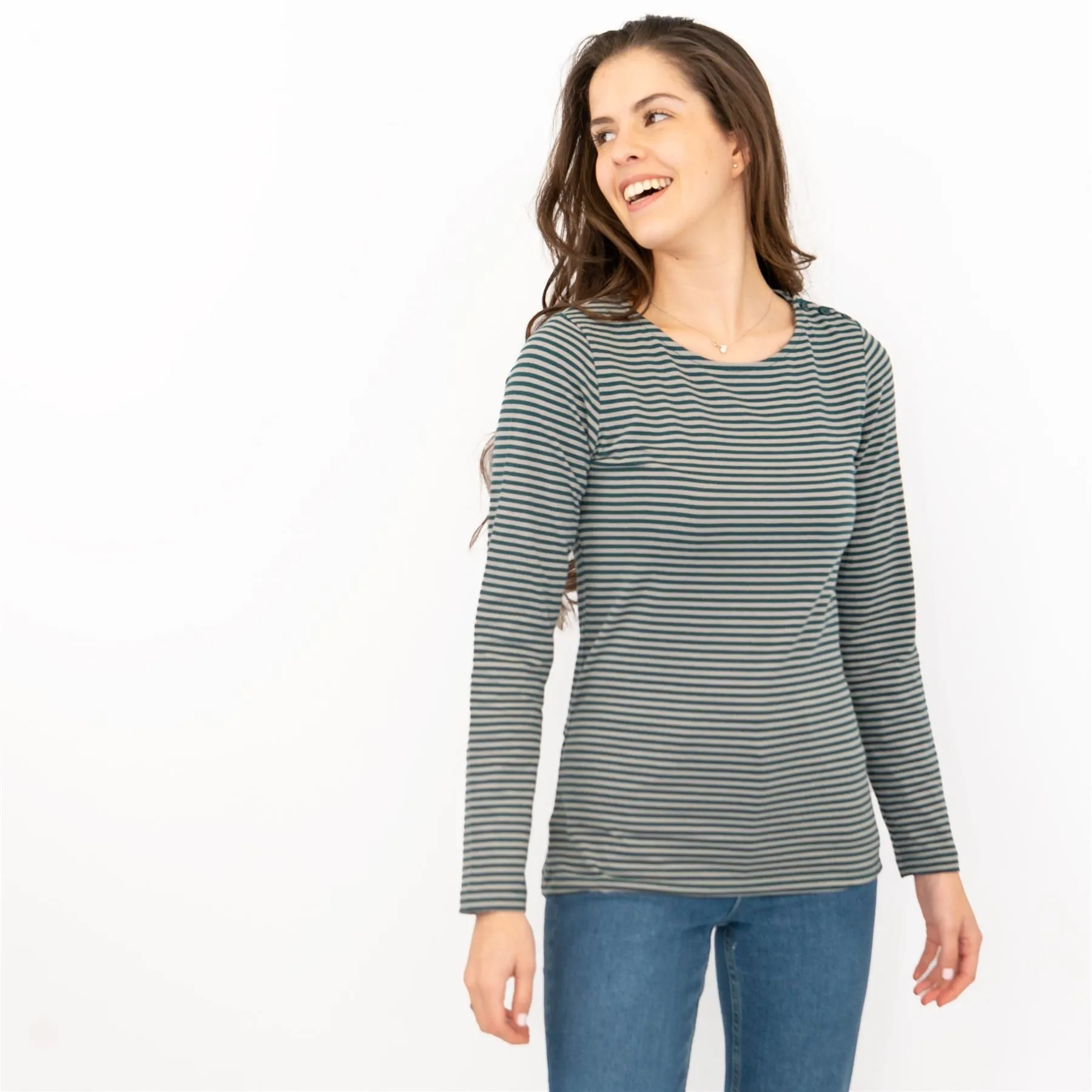 Seasalt Breton Green Grey Stripe Long Sleeve Tops