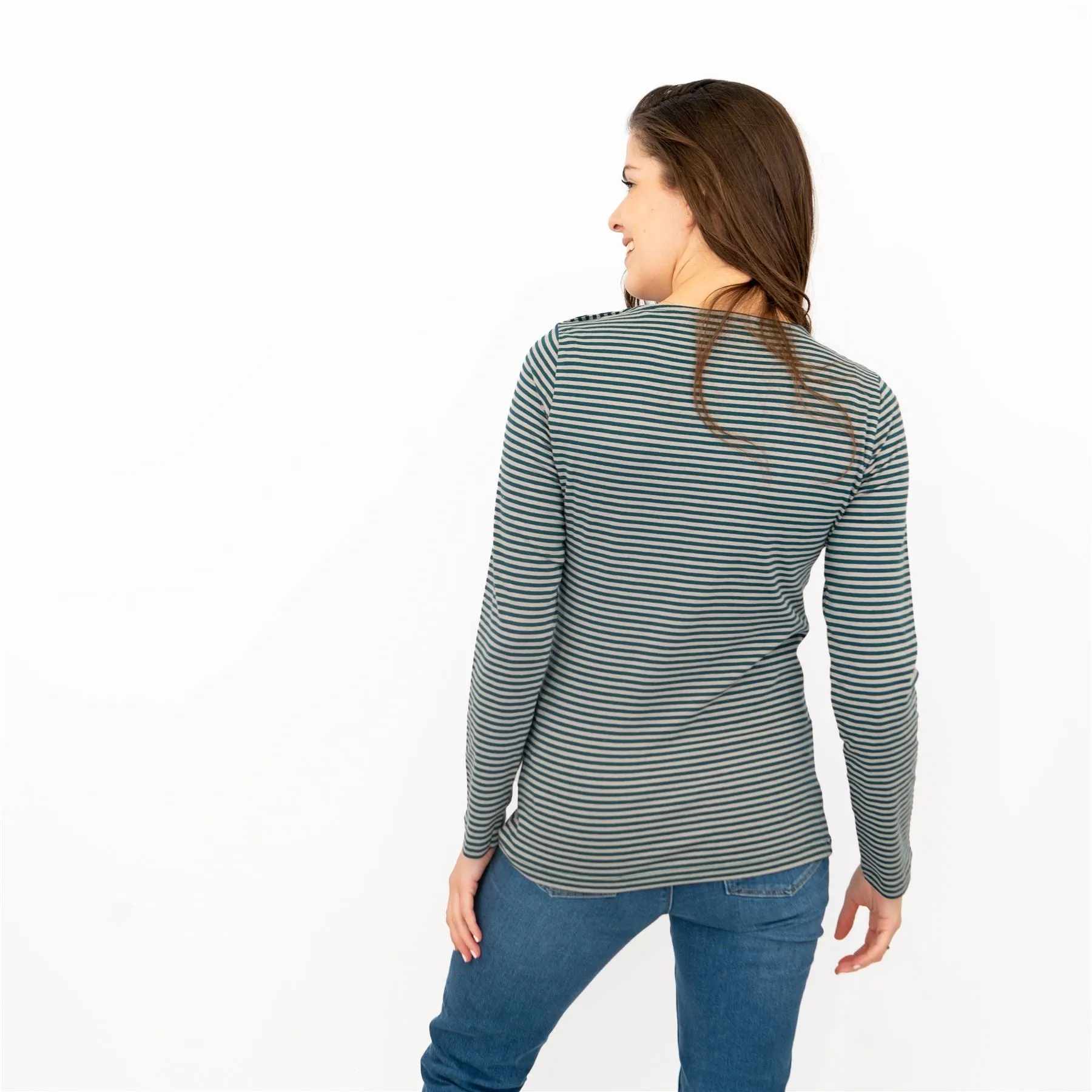 Seasalt Breton Green Grey Stripe Long Sleeve Tops