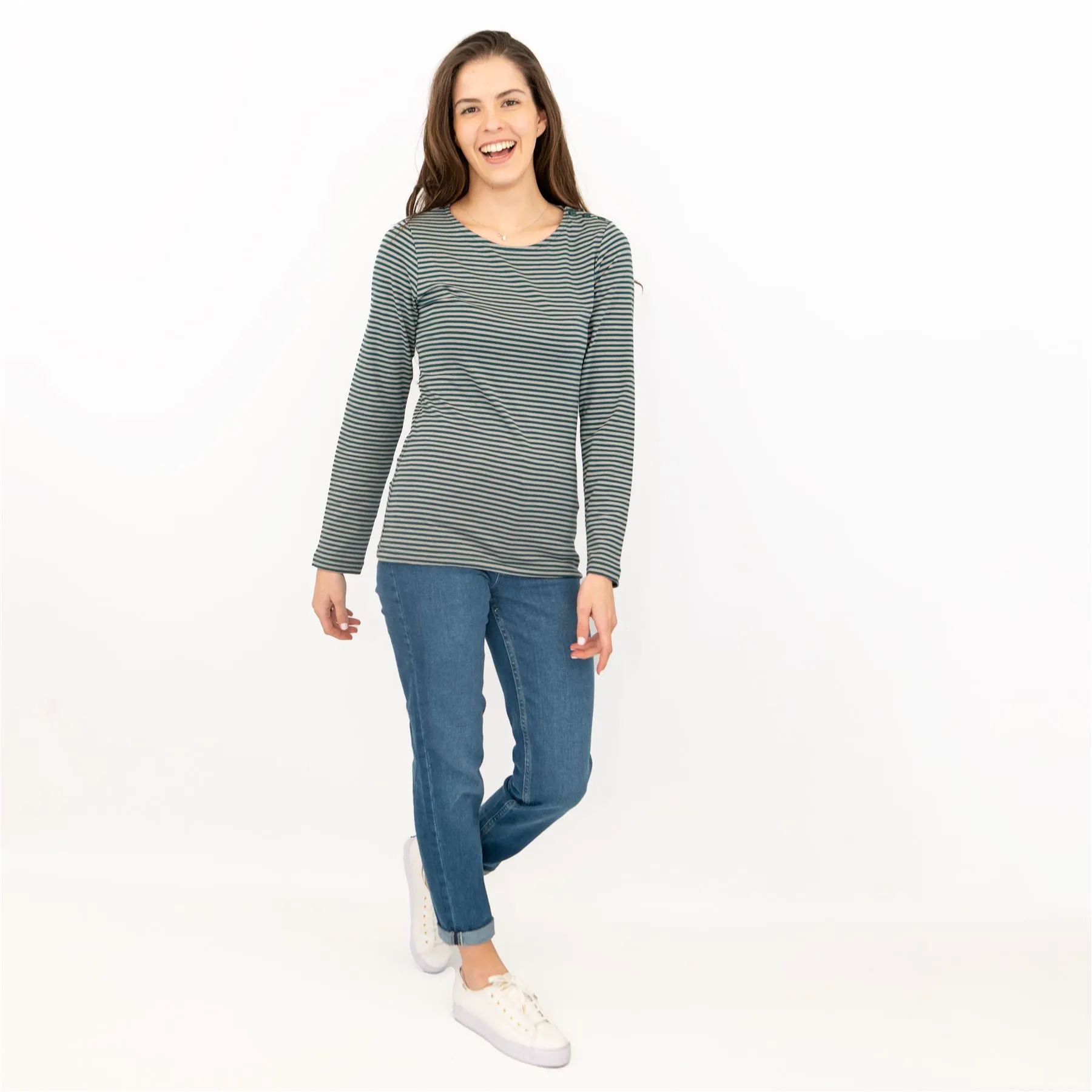 Seasalt Breton Green Grey Stripe Long Sleeve Tops