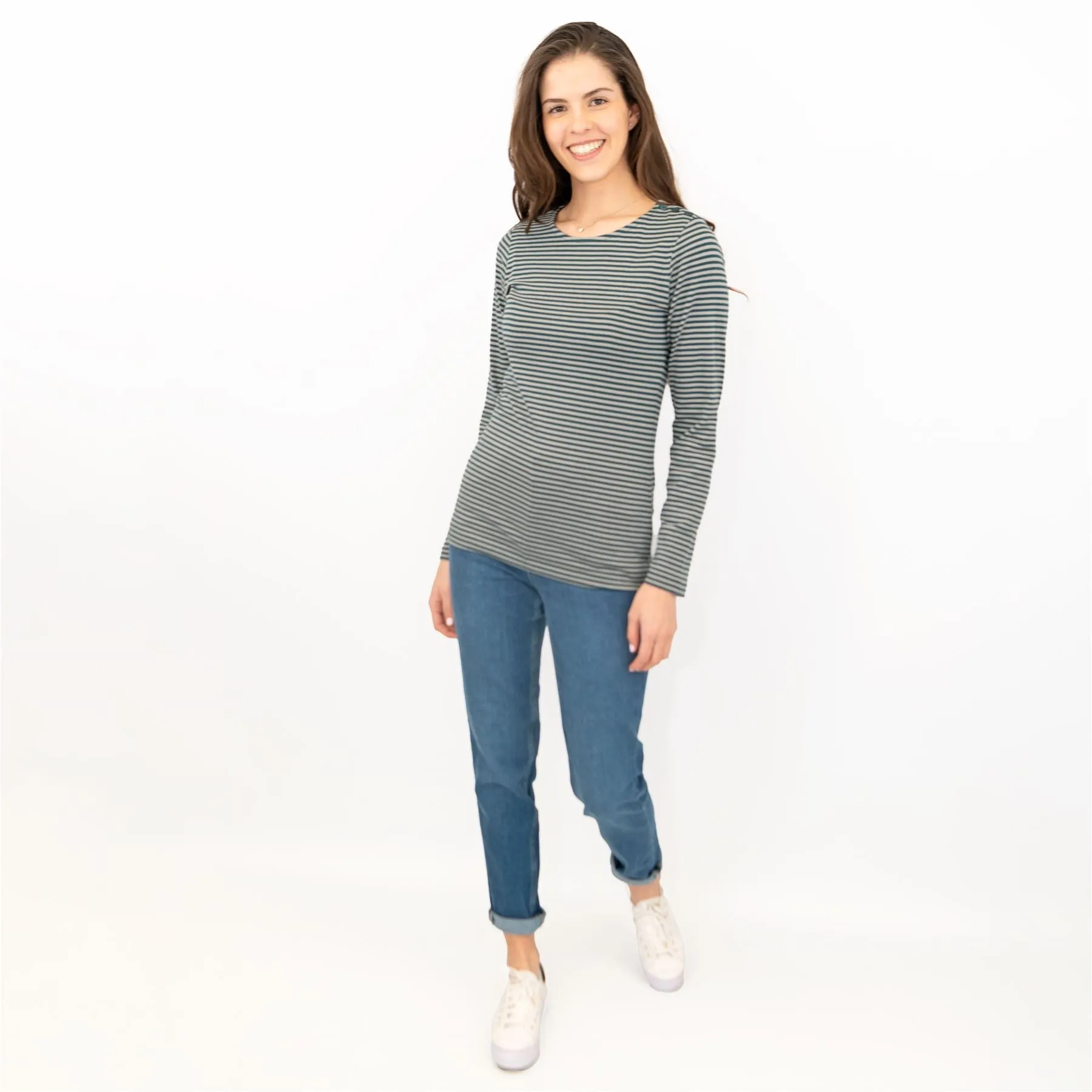 Seasalt Breton Green Grey Stripe Long Sleeve Tops