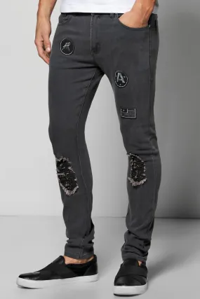 Skinny Fit Ripped Jeans With Badges