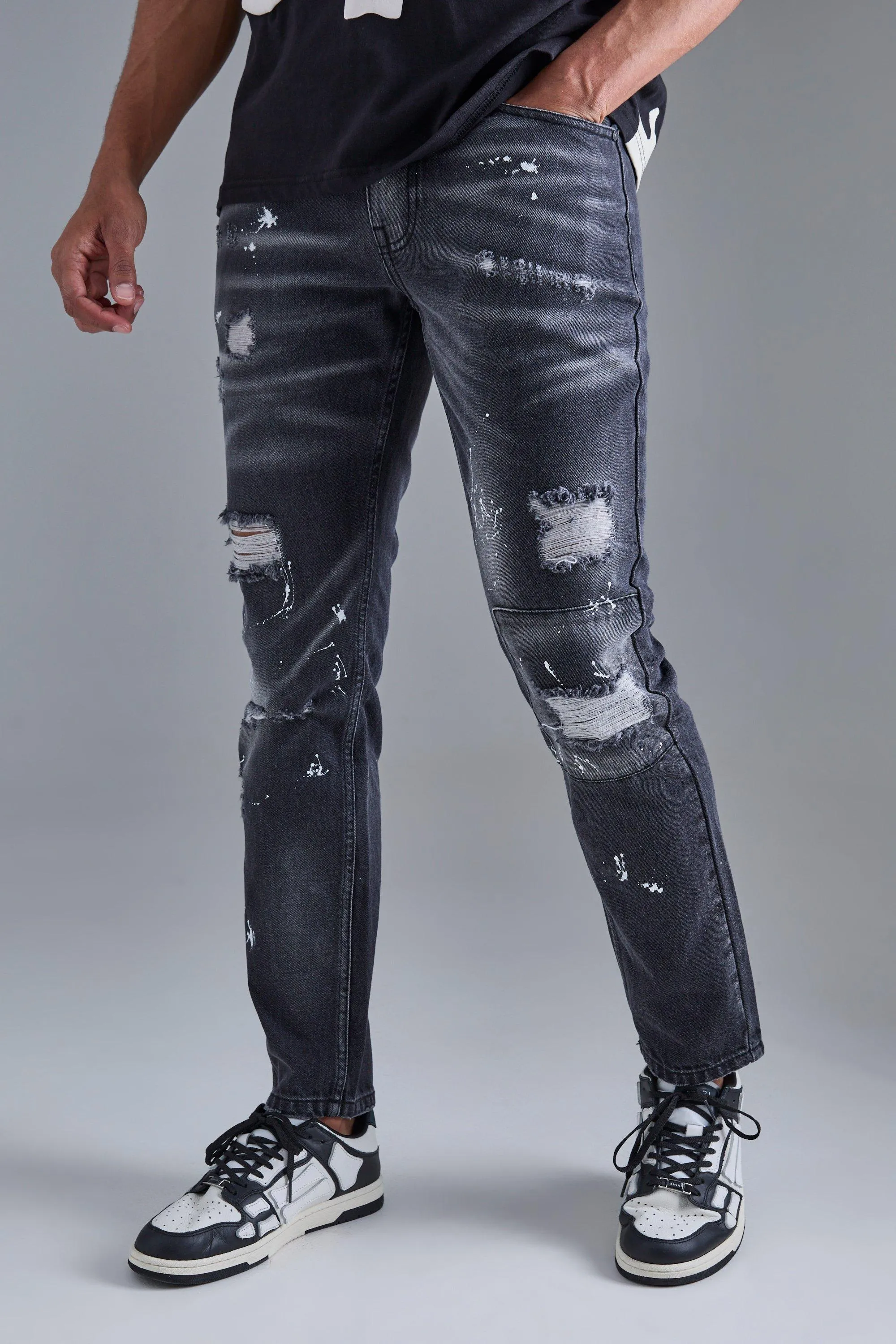 Slim Rigid All Over Paint Detail Knee Ripped Jeans