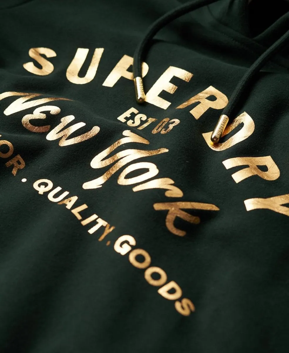 Superdry Womens Luxe Metallic Hooded Sweatshirts Academy Dark Green