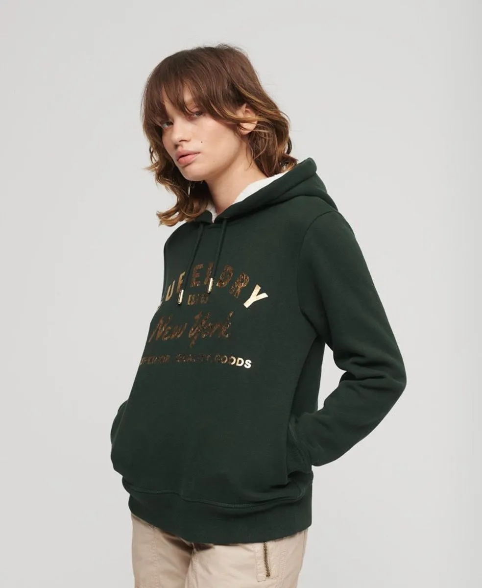 Superdry Womens Luxe Metallic Hooded Sweatshirts Academy Dark Green