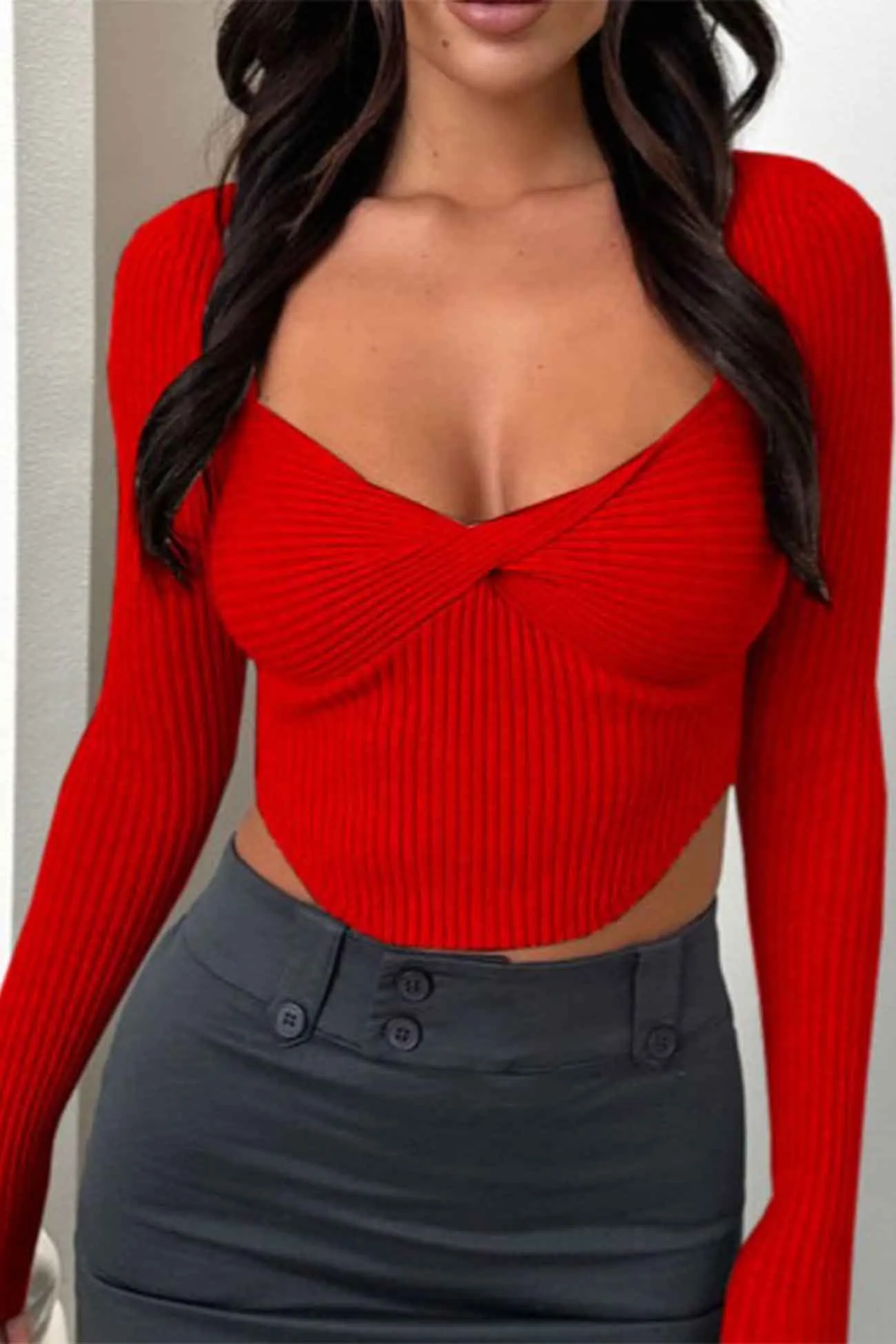 Twisted-Front Ribbed Long Sleeve Tops