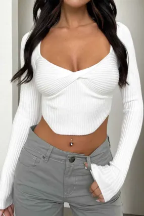 Twisted-Front Ribbed Long Sleeve Tops