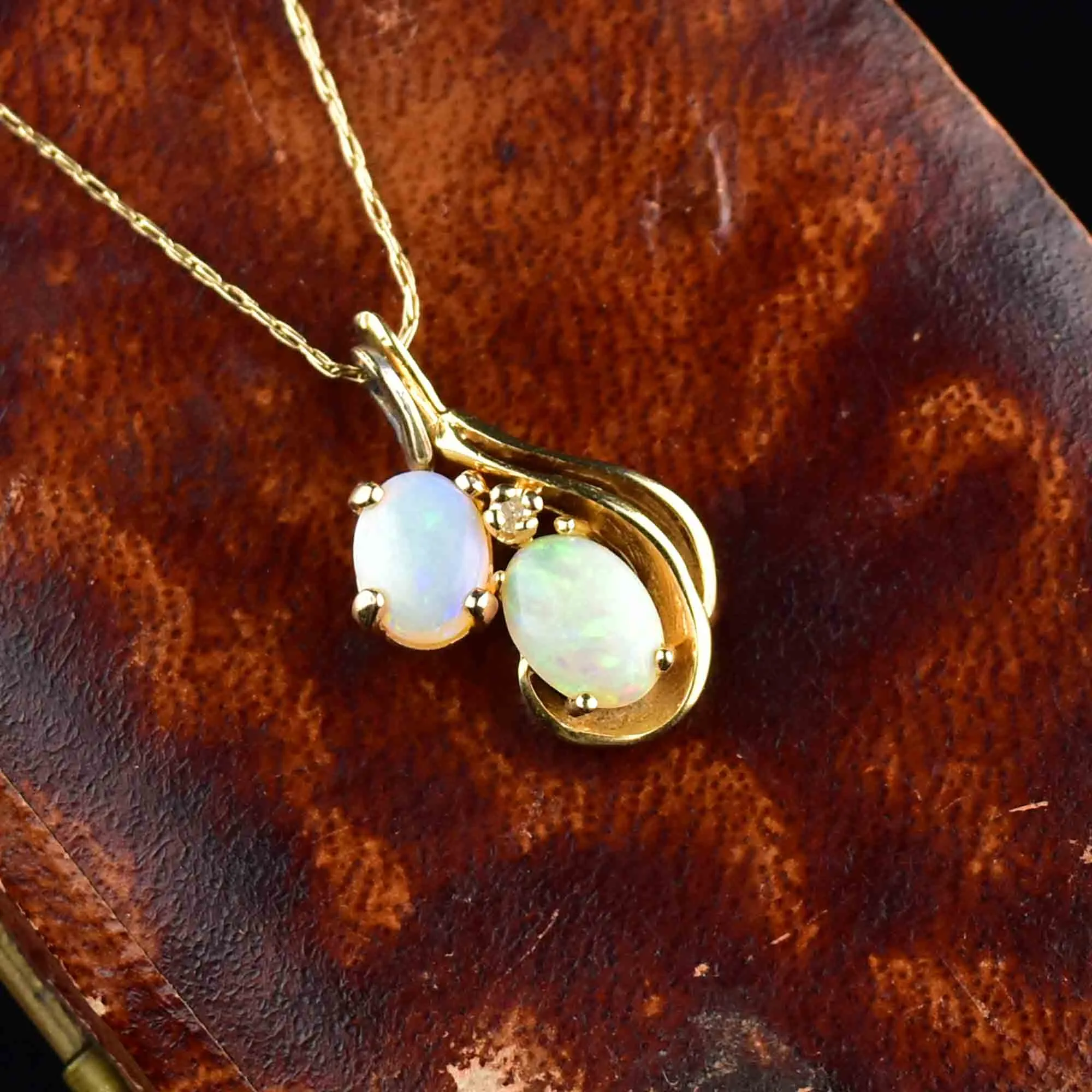 Vintage 14K Gold Diamond Double Opal Pendant Necklace