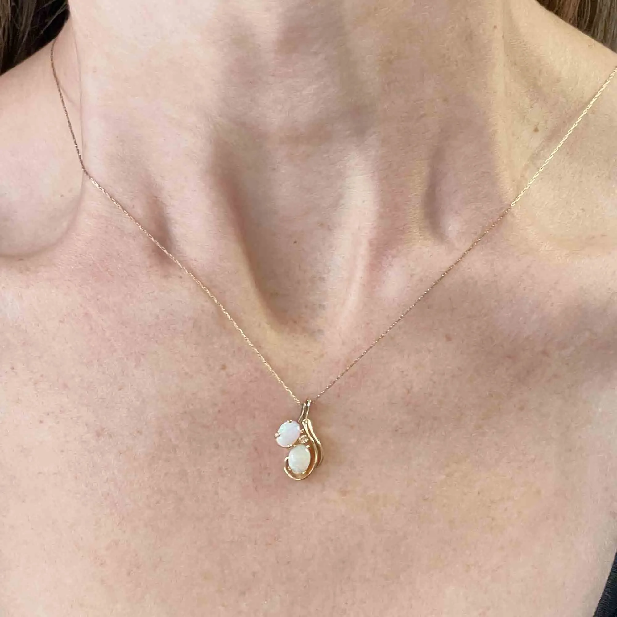 Vintage 14K Gold Diamond Double Opal Pendant Necklace