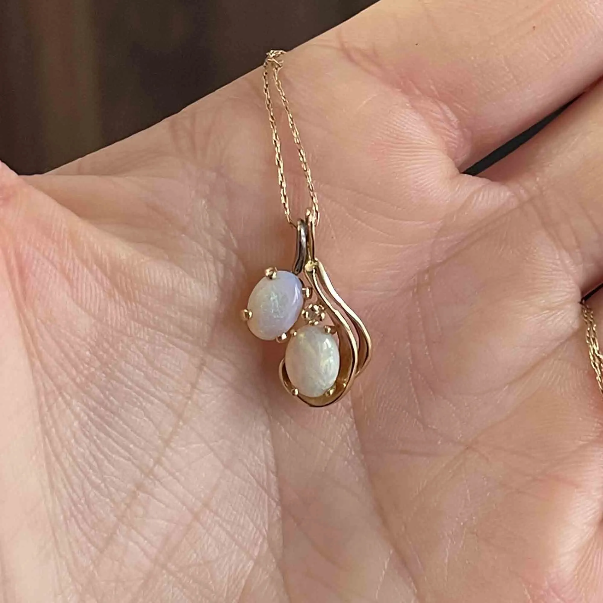 Vintage 14K Gold Diamond Double Opal Pendant Necklace