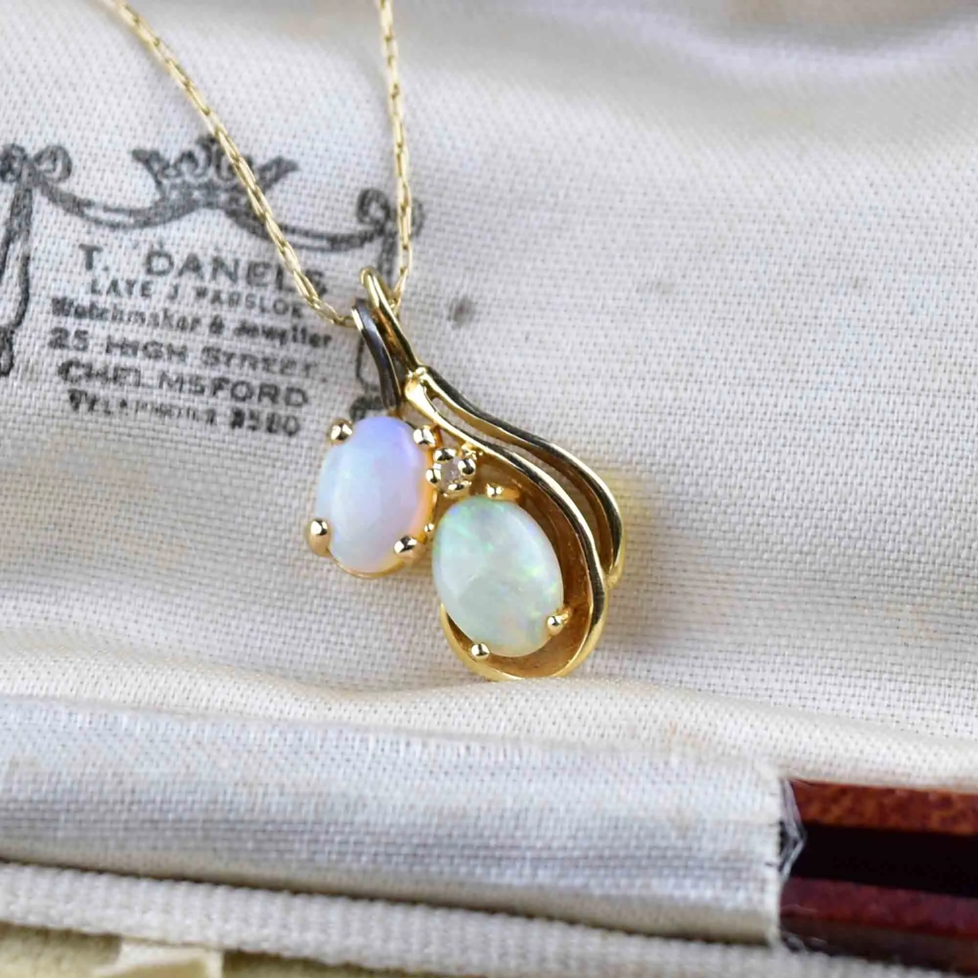 Vintage 14K Gold Diamond Double Opal Pendant Necklace