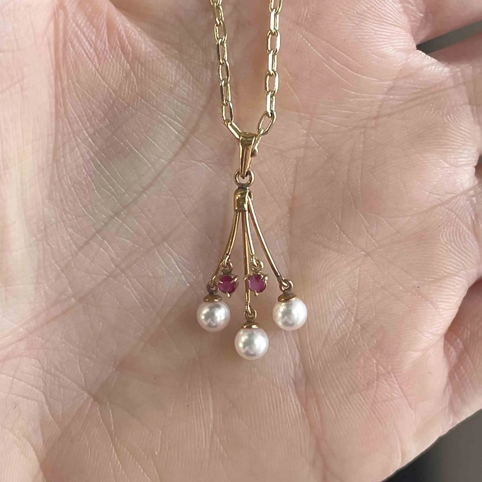 Vintage 18K Gold Pearl Pink Spinel Pendant Necklace