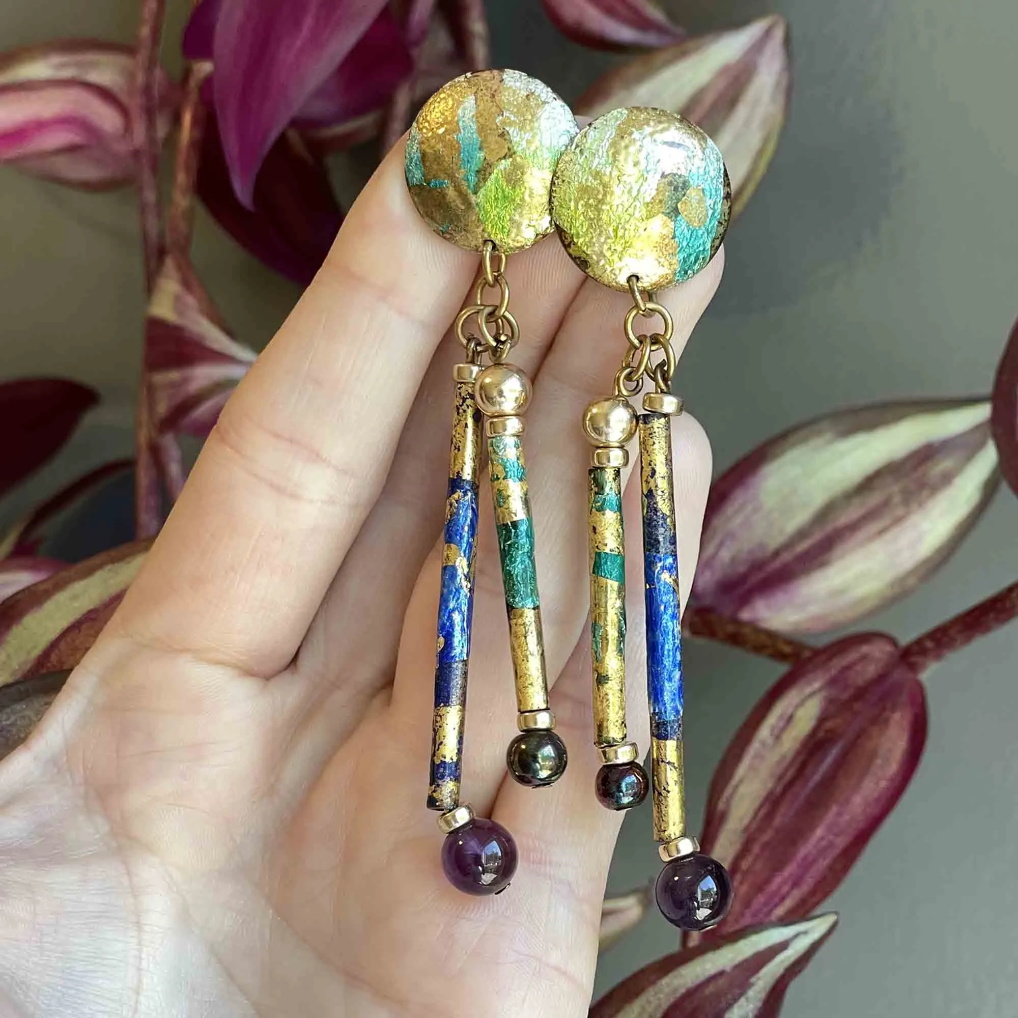 Vintage Amethyst Enamel Chandelier Earrings