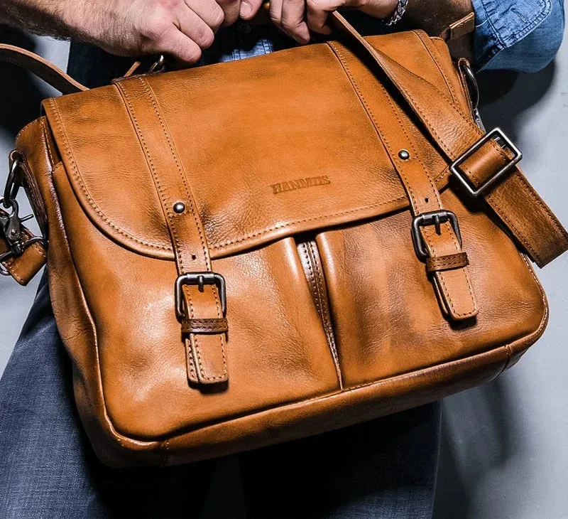 Vintage Men's Cowhide Leather Portable Business Briefcase Handbag