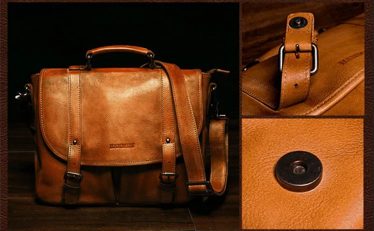 Vintage Men's Cowhide Leather Portable Business Briefcase Handbag