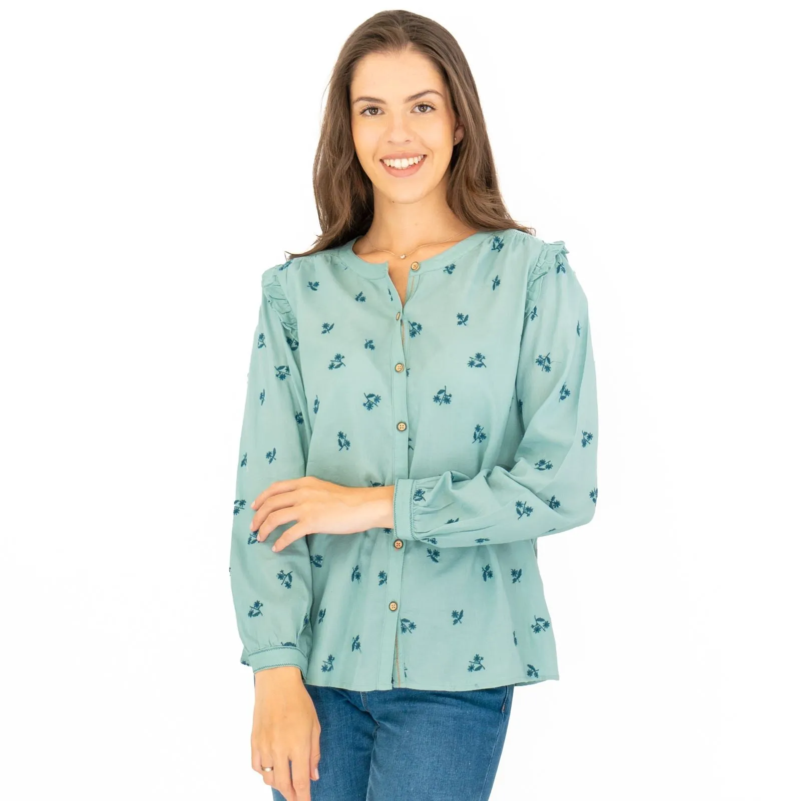 White Stuff Florine Embroidered Shirt Soft Green Long Sleeve Tops