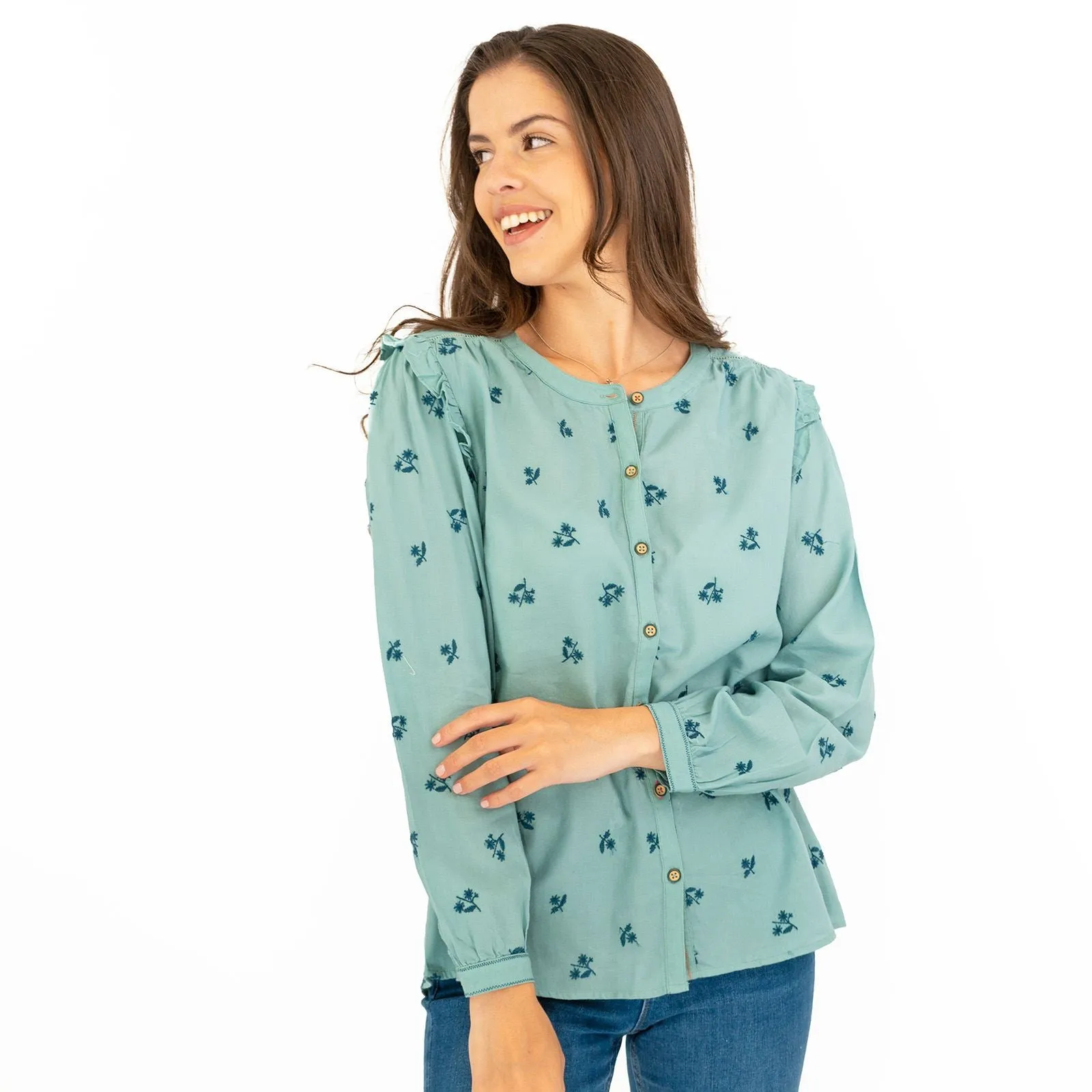 White Stuff Florine Embroidered Shirt Soft Green Long Sleeve Tops