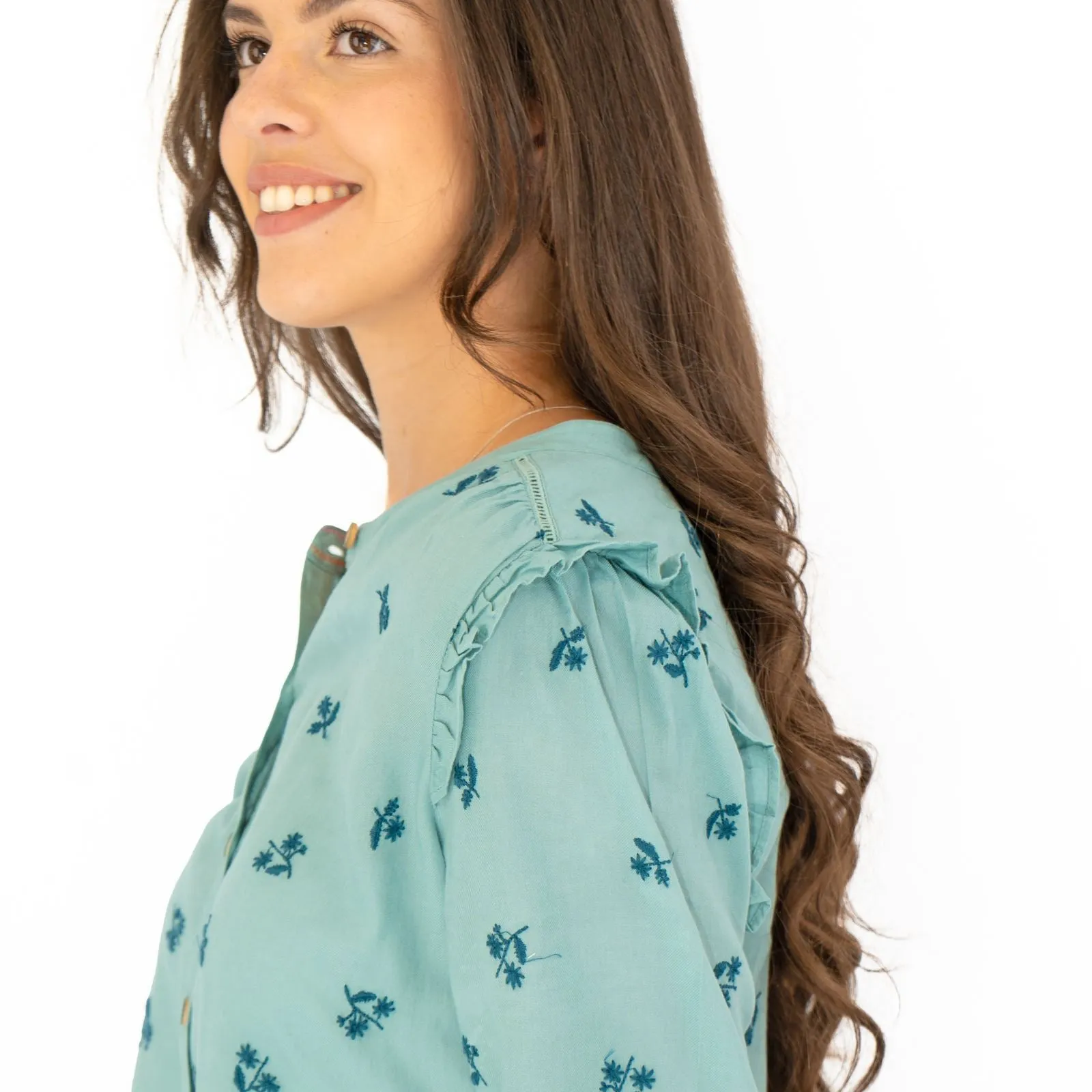 White Stuff Florine Embroidered Shirt Soft Green Long Sleeve Tops