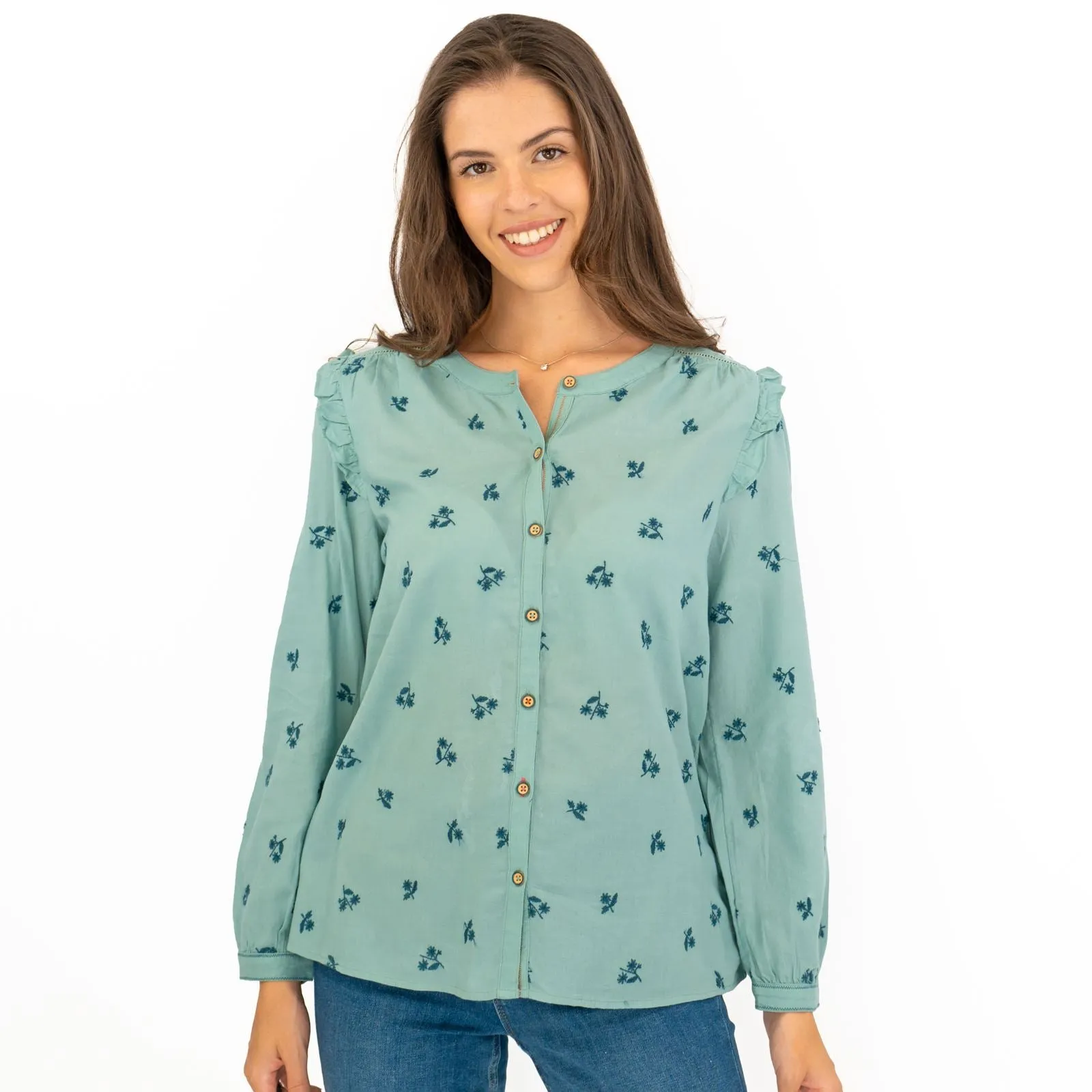 White Stuff Florine Embroidered Shirt Soft Green Long Sleeve Tops