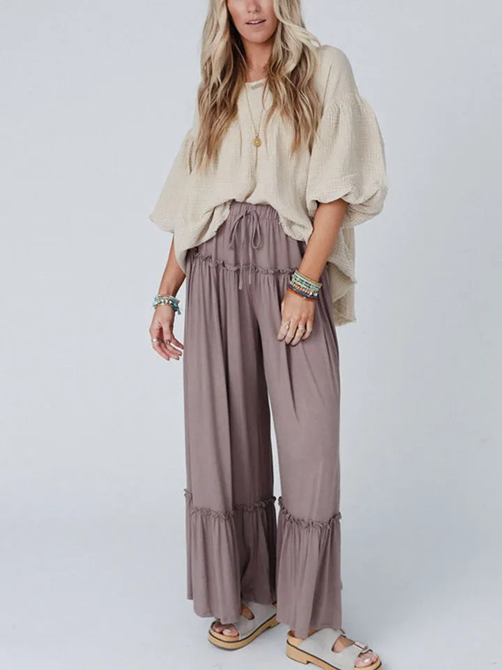 Wide Leg Ruffle Trim Pants