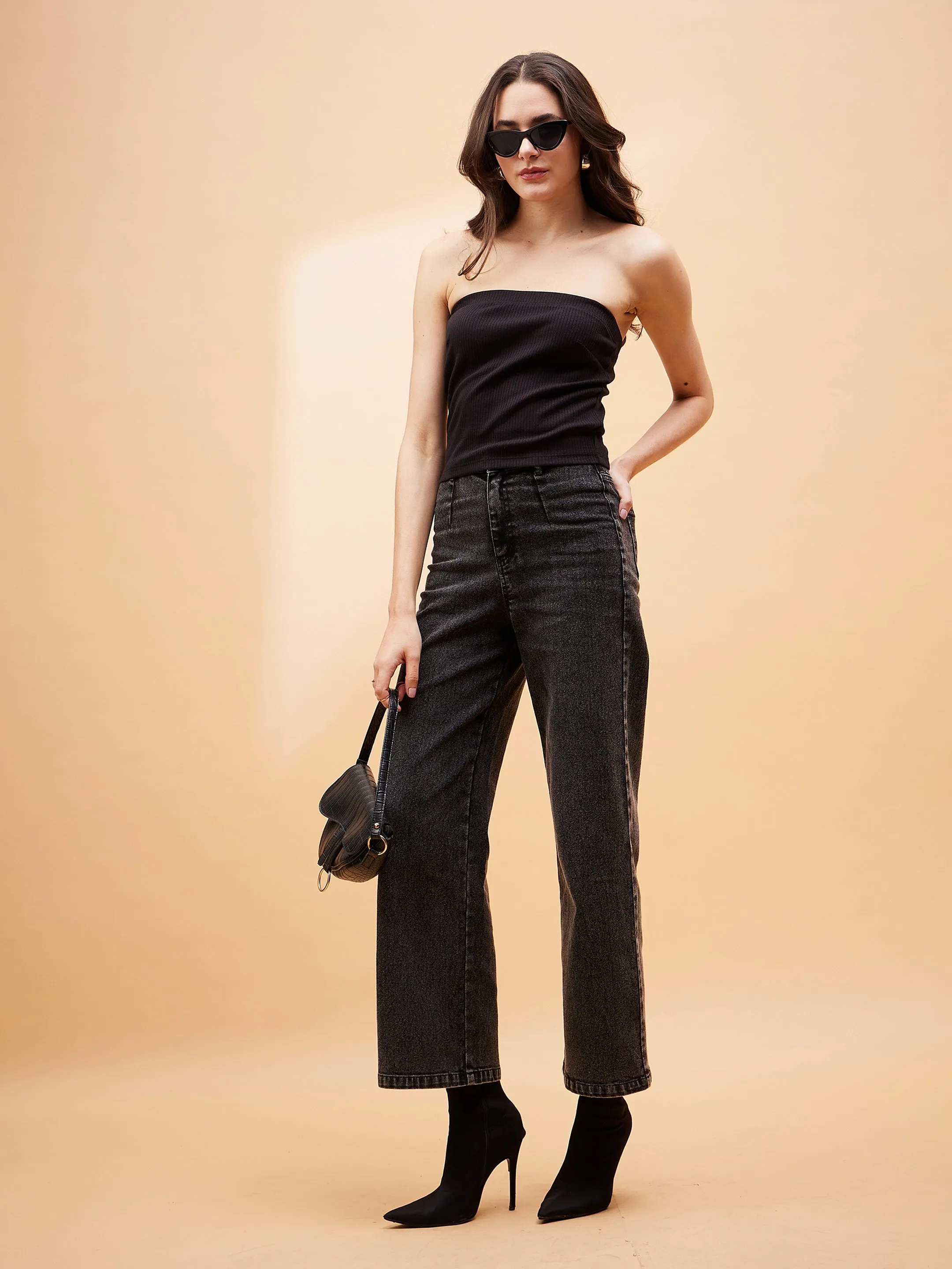 Women Black High Waist Front Dart Jeans