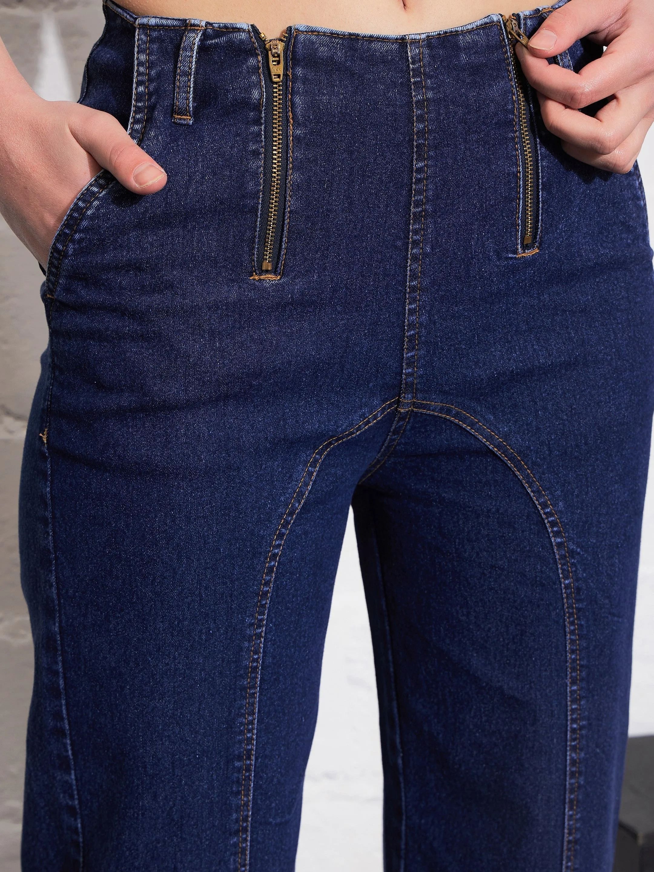 Women Blue Blast Zipper Detail Straight Jeans