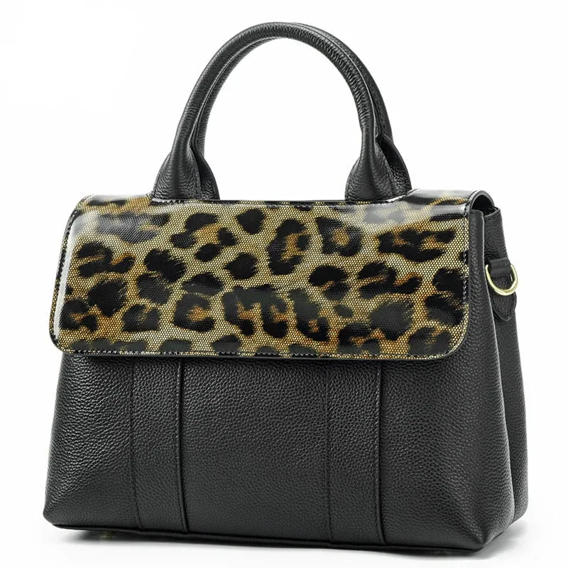 Women's Genuine Leather Large Portable Leopard Print Briefcase Handbag