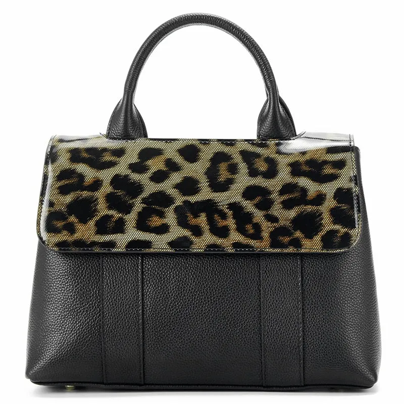 Women's Genuine Leather Large Portable Leopard Print Briefcase Handbag