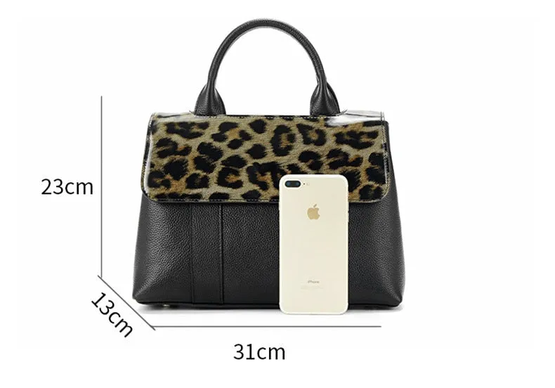 Women's Genuine Leather Large Portable Leopard Print Briefcase Handbag