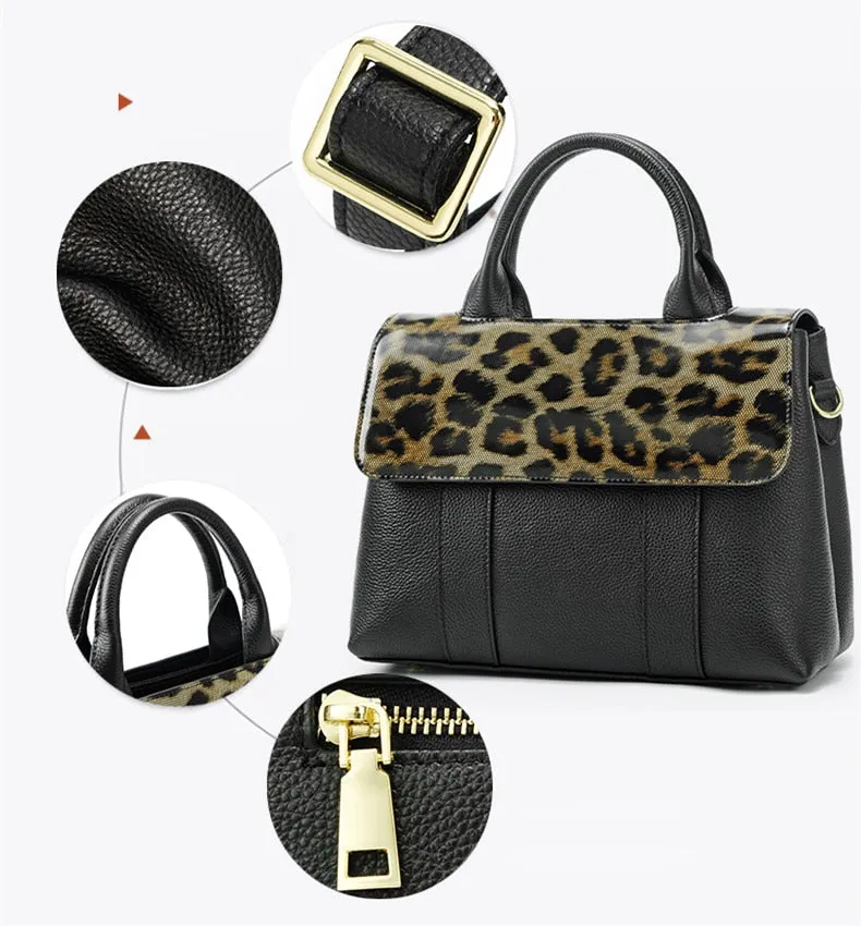 Women's Genuine Leather Large Portable Leopard Print Briefcase Handbag