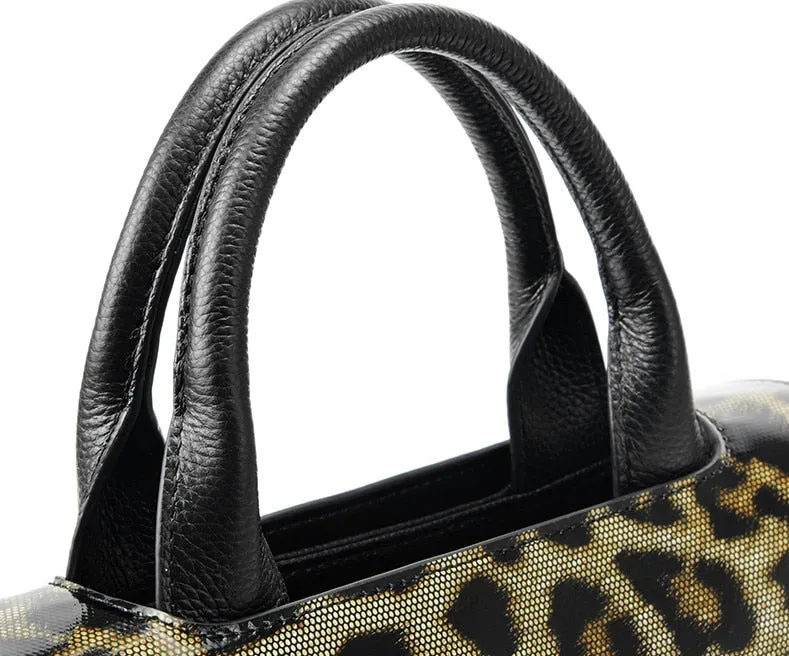 Women's Genuine Leather Large Portable Leopard Print Briefcase Handbag