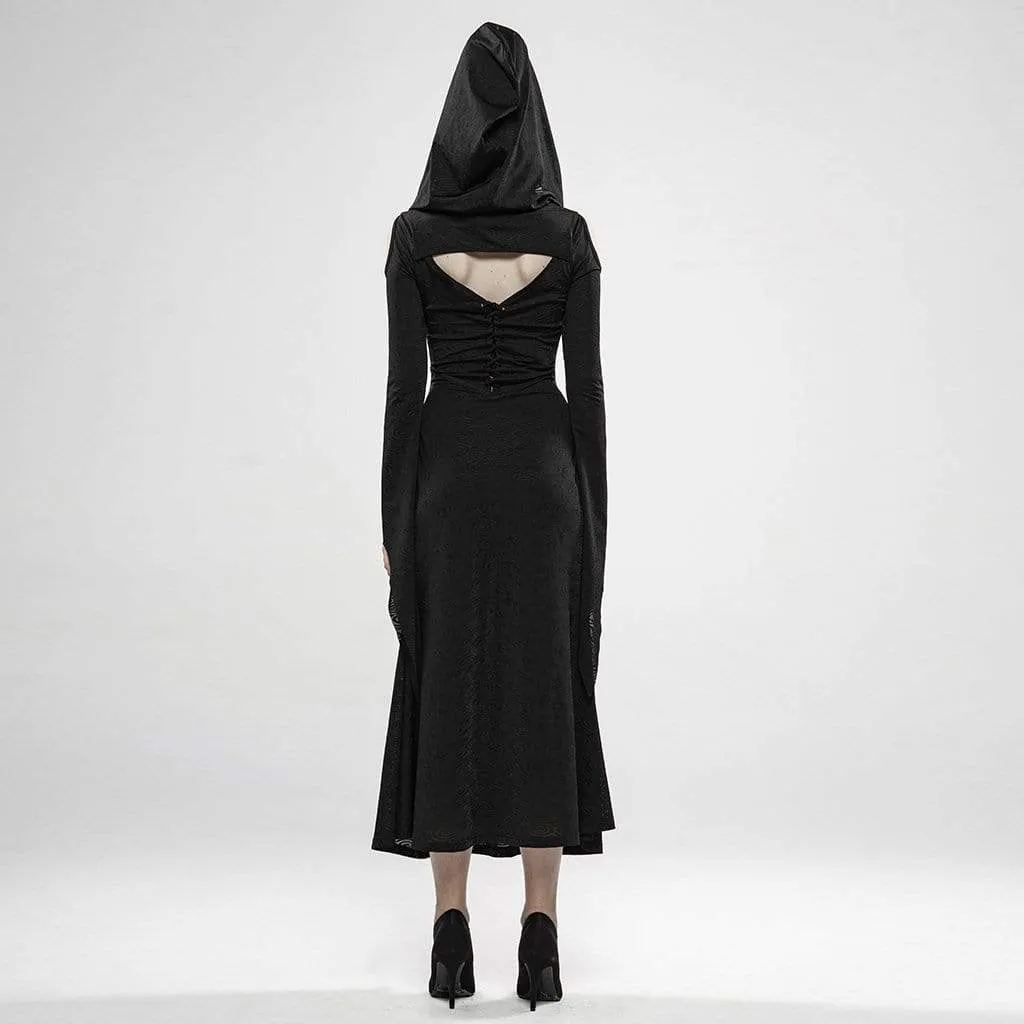 Women's Goth Witch Cutout Flare Sleeved Dresses With Hood