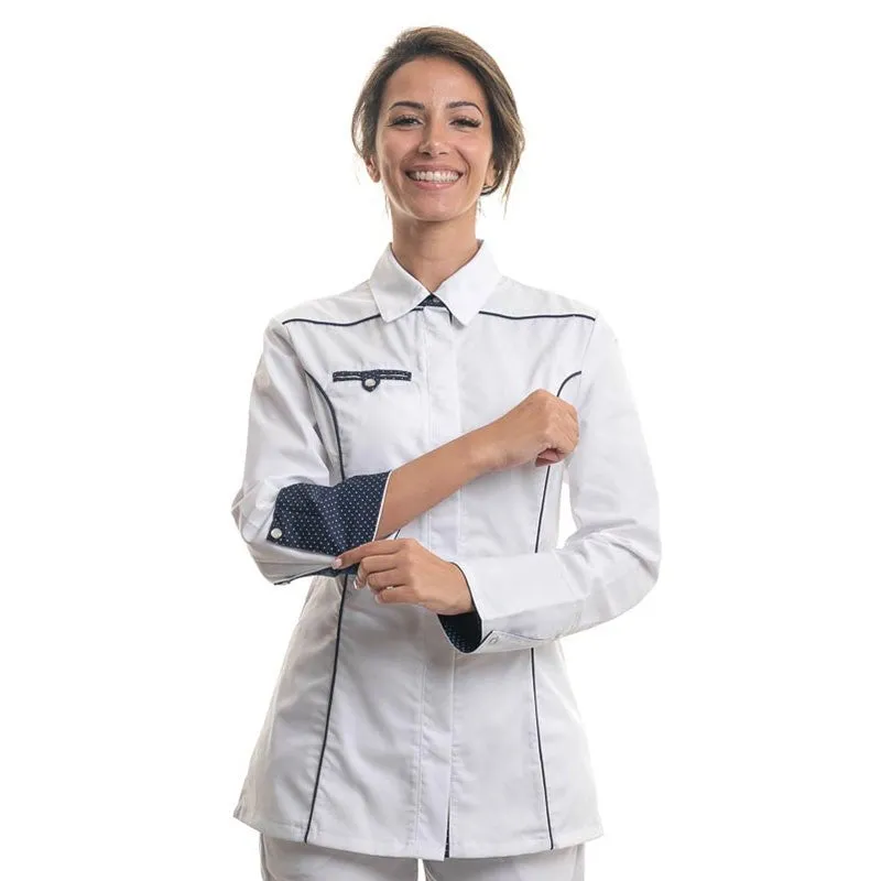 Women's Kitchen Coat Shirt Collar Navy Blue White - MANELLI