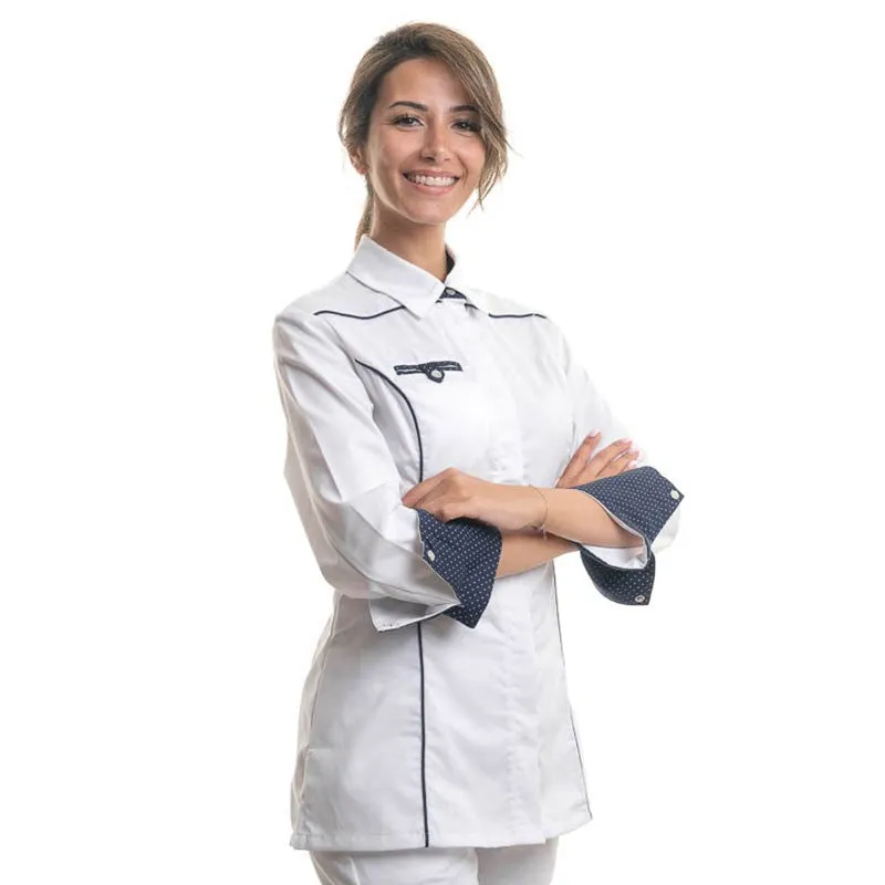 Women's Kitchen Coat Shirt Collar Navy Blue White - MANELLI