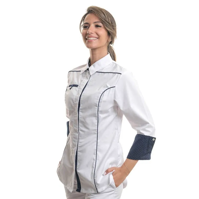 Women's Kitchen Coat Shirt Collar Navy Blue White - MANELLI