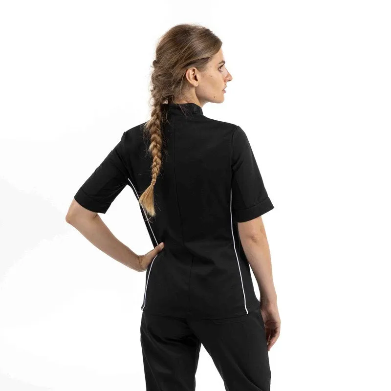 Women's Short Sleeve Black Kitchen Coat with White Piping Side Ventilation - MANELLI