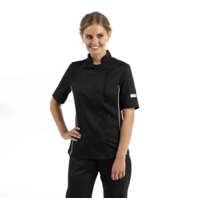 Women's Short Sleeve Black Kitchen Coat with White Piping Side Ventilation - MANELLI