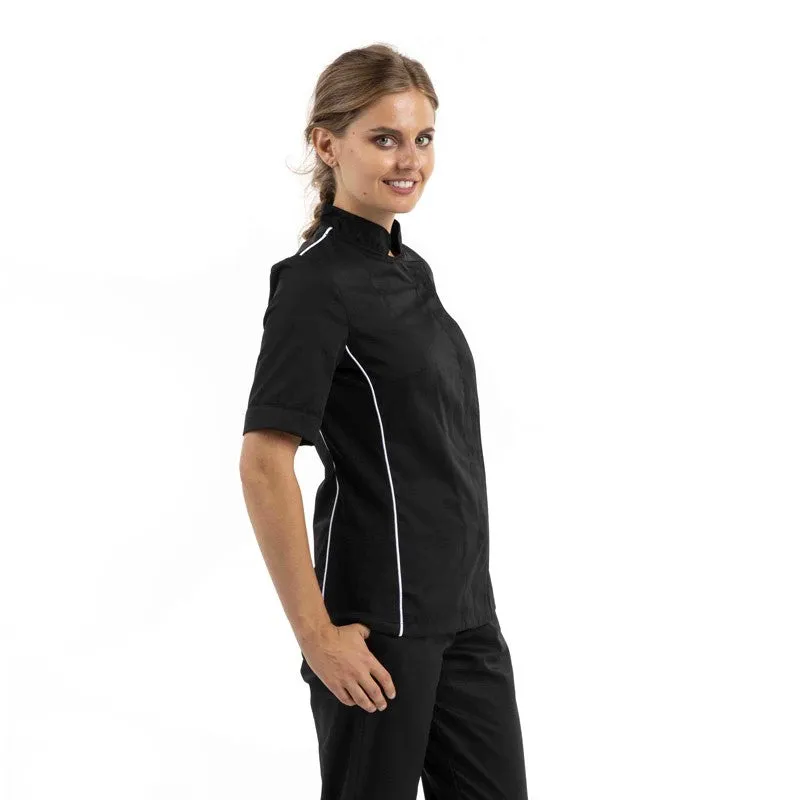 Women's Short Sleeve Black Kitchen Coat with White Piping Side Ventilation - MANELLI