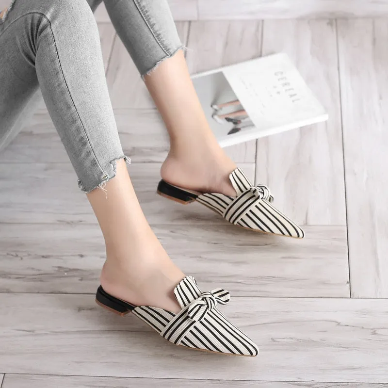 Women's Summer Striped Pattern Slides Butterfly-knot Outdoor Slippers