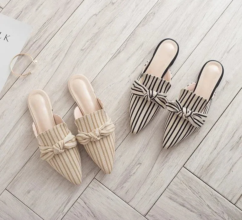 Women's Summer Striped Pattern Slides Butterfly-knot Outdoor Slippers