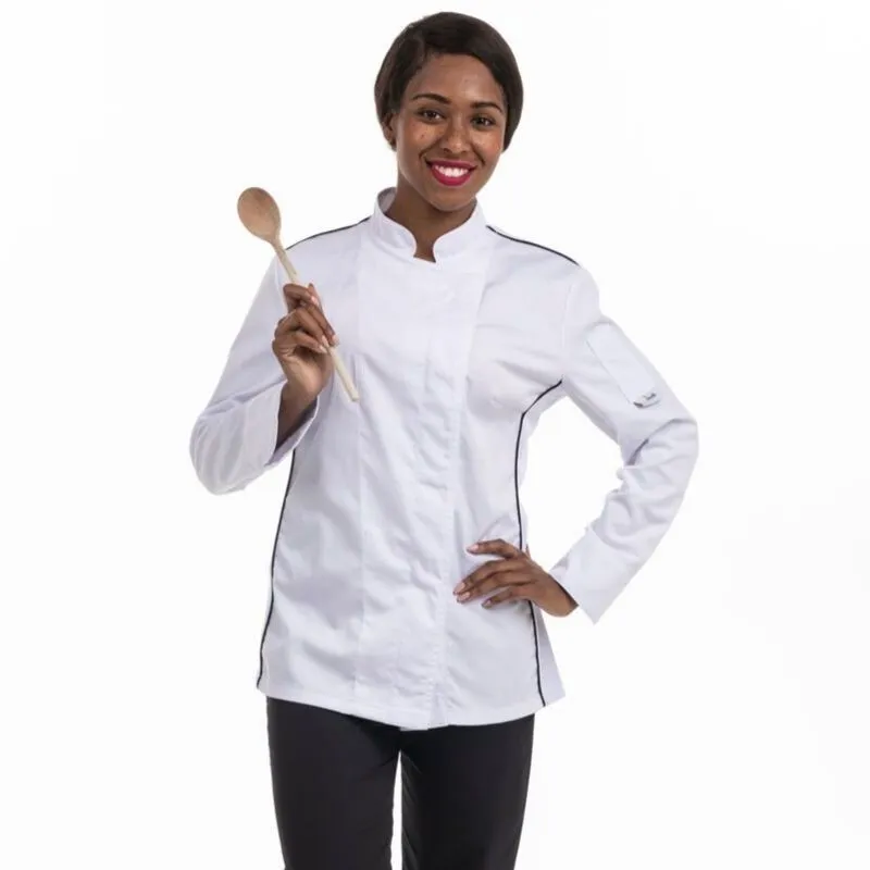 Women's white kitchen Coat with black Piping and side ventilation - MANELLI