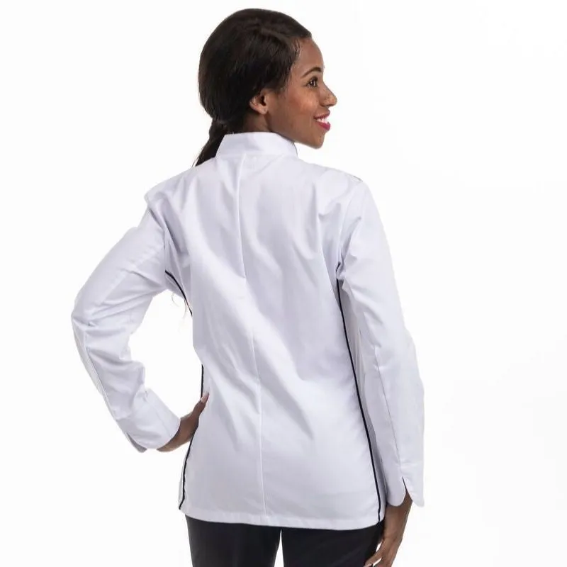 Women's white kitchen Coat with black Piping and side ventilation - MANELLI